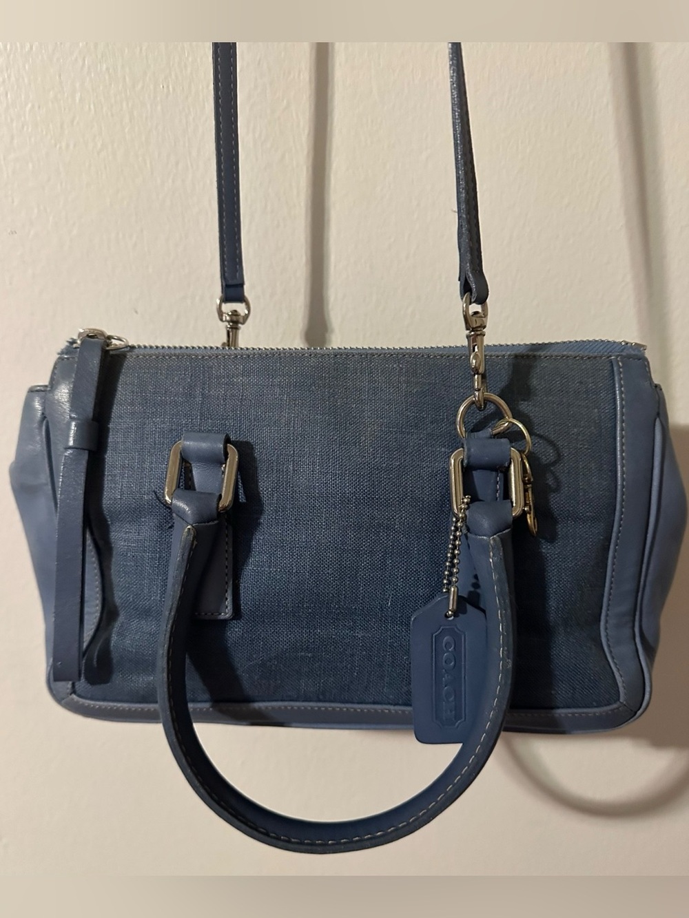 VTG COACH Bonnies Legacy Linen/Leather Purse Satchel Crossbody Handbag Blue